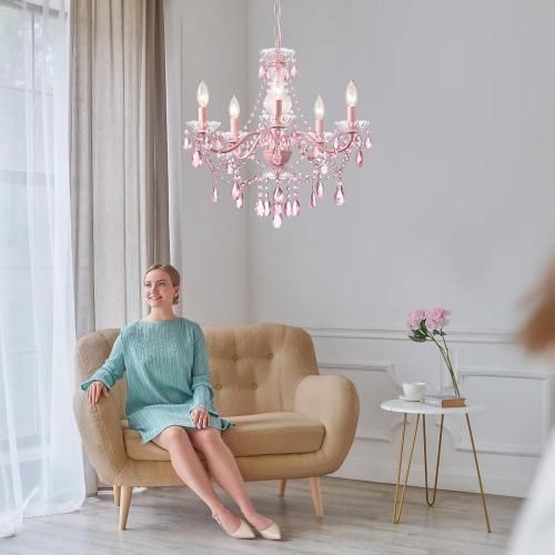 AMZASA Modern Crystal Pink Chandelier, Not Acrylic Crystal,Pink Crystals Hanging Pendant Light for Girls Room,Ceiling Medallions, Farmhouse Glass Chandelier for Wedding, Kitchen, Dining,Foyer,Island