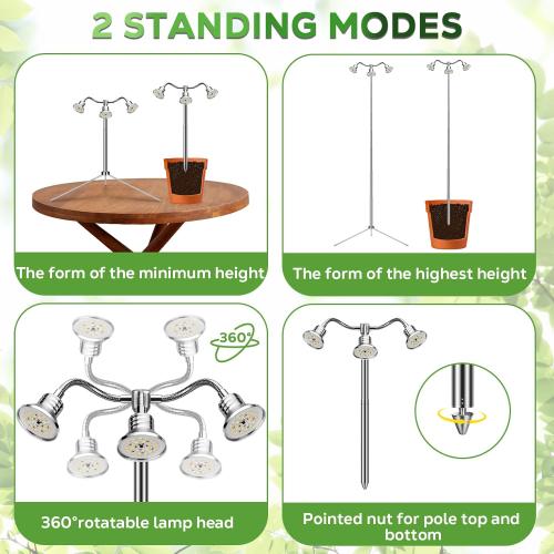 Full Spectrum Grow Lights for Indoor Plants 15-62 Inches Height Adjustable Aluminum Alloy Plant Growing Lamps with Detachable Tripod Stand, Auto On/Off Timer (Full Spectrum, Three Heads)