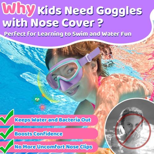 Vvinca Kids Goggles with Nose Cover Comfort Fabric Strap,Wide View Diving Mask Anti-Fog UV Swimming Goggles for Kids 3-12