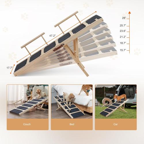 Wooden Dog Ramp for High Bed, 47.2 Long Non-Slip Dog Ramp for Couch, 6 Adjustable Heights from 15.7 to 28 with Side Rails Anti-Slip Traction Mat for Small Medium Large Dogs(Up to 160 Lbs)