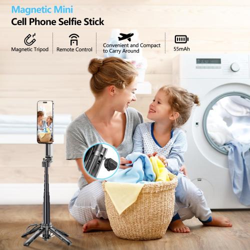 Magnetic Mini Phone Selfie Stick, Mag-Safe 4 in 1 Small Portable Pocket Tripod for iPhone/Android, with Removable Phone Clip, Remote & 2 Fill Light for Photograph/Live Streaming/Video Recording