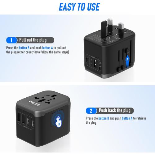 Universal Travel Adapter, VYLEE 5 in 1 International Power Adapter, 3.5A 2xUSB-A and 2xUSB C Wall Charger, Worldwide Travel Essentials Plug for Europe USA UK AUS Asia (Black Grey)