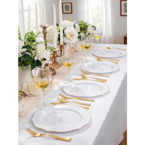 WDF 60pcs Gold Plastic Dinner Plates -10.25inch Baroque White and Gold Plates Fancy Plastic Plates for Upscale Bridal Shower & Wedding & Birthday