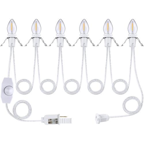 Leelosp Accessory Cord with LED Bulbs, 14.8 ft White Cord with C7 Lamp, On/Off Switch Plug, Spare Fuses, Female/Male Plugs, Village Light for Halloween Christmas Indoor Decor Craft Project (6 Light)