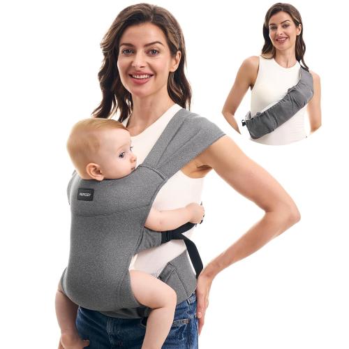 Momcozy Portable Baby Carrier – Compact & Lightweight, Adjustable for Travel, Fold & Go Convenient Storage Hip Pouch, Wide Shoulder Straps, Soft Skin-Friendly Fabric, for Babies 12–35 lbs (Grey)