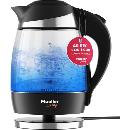 Mueller Living Electric Kettle, Electric Tea Kettle for Boiling Water, 1500W SpeedBoil Teach Automatic Shutoff, 1.8L Cordless with LED Light, Borosilicate Glass Tea Kettle Pot Water Heater, BPA Free