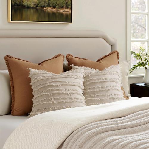 MIULEE Decorative Boho Throw Pillow Covers Set of 2 Spring Neutral Beige Linen Striped Jacquard Pattern Modern Cushion Covers for Sofa Couch Living Room Bedroom 18x18 Inch Home Decor