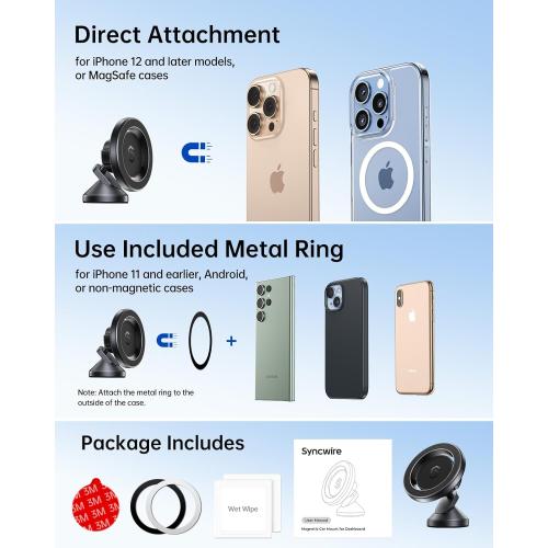 SYNCWIRE for MagSafe Car Mount - 360 Rotation Magnetic Phone Holder for Car Dashboard, Strong Magnets Car Phone Holder Mount Compatible iPhone 16 Pro Max 15 14 13 12,Samsung - MagSafe Car Accessories