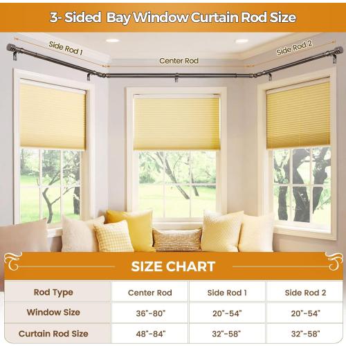 Bay Window Curtain Rods, HOTOZON 7/8 Inch Heavy Duty Curtain Rods for Bay Windows 48-84 Inch(Center Rod), 32-58 Inch Side Rods for Windows, Antique Bronze, Decorative Drapery Rod with End Cap Finials