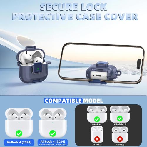 Secure Lock Case for AirPods 4 Case with Phone Stand, Soft TPU Shockproof Protective Cover for Airpods 4th Generation Clear Airpod 4 Case with Cleaning Pen & Keychain (Dark Blue)