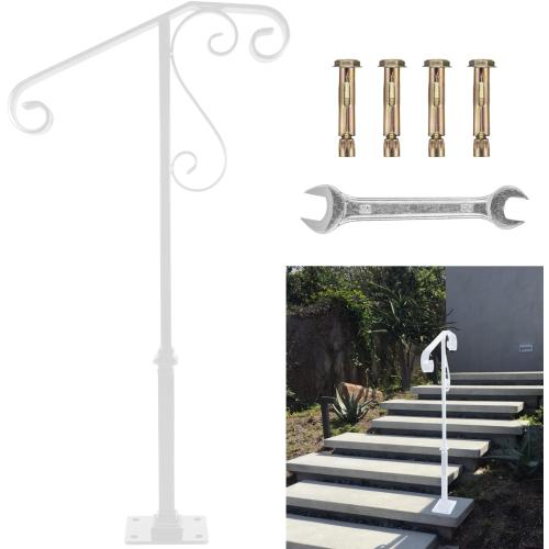 Bonbo Single Post Handrail, Wrought Iron Stair Handrail Fits 1 or 2 Steps, White
