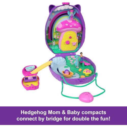 Polly Pocket 2-in-1 Travel Toy with 2 Micro Dolls and 16 Accessories, Hedgehog Purse Playset with Pet Theme