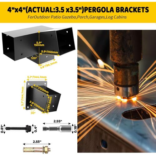 Pergola Slanted Roof Bracket kit 4 Pack,3-Way 30-Degree Right Angle Corner Bracket with Wall Mount Post Base for 4x4 (Actual:3.5“x3.5) Lumber for Pergolas/Gazebos,Porchs - 4Pack