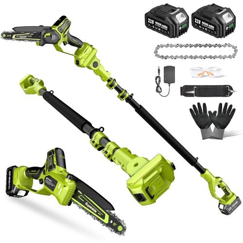 Electric Pole Saws for Tree Trimming, 8 Inch & 6 Inch Mini Chainsaw Cordless with Extension Pole, 16Ft Reach, 2x4.0Ah Battery, Auto Oiling, Tool-Free Chain Tensioning, Tree Trimmer for Branch Limb Cut