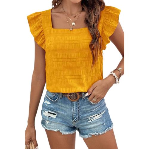MONTEAU LOS ANGELES Women's Textured Dressy Tops Square Neck Ruffle Cap Sleeve Solid Casual Summer Blouses Shirts. SIZE MEDIUM