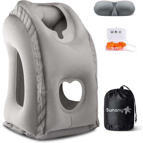 Sunany Travel Pillow, Inflatable Neck Pillow Used for Airplanes/Cars/Buses/Trains/Office Napping with Eye Mask/Earplugs (Gray)