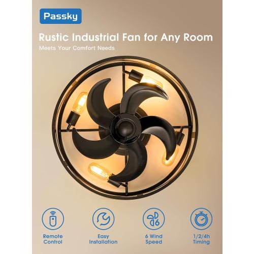 Black 20 Fandelier Ceiling Fan with Light, Caged Bladeless Ceiling Fans with Remote, Farmhouse Flush Mount Fan for Bedroom, Kitchen, Living Room, Black