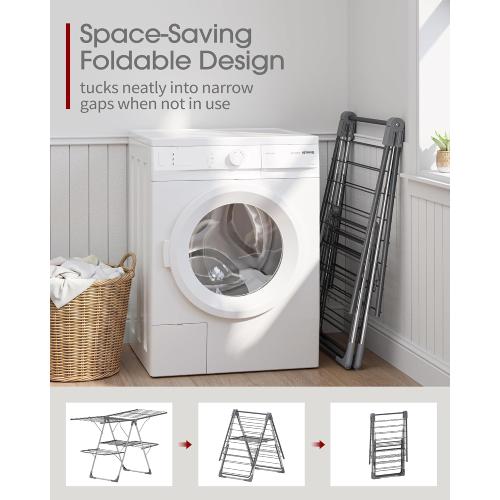 Sakugi Clothes Drying Rack, Foldable 2-Level Laundry Drying Rack with Height-Adjustable Wings, for Clothing & Bedding, Free-Standing Space-Saving Rack, Indoor & Outdoor, 55.5 L × 22.8 W, Gray