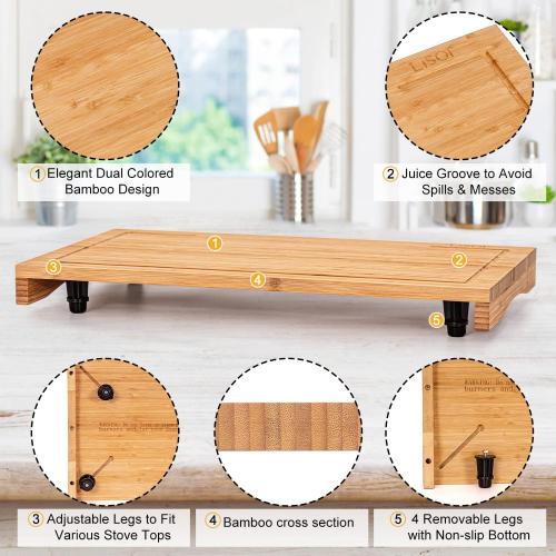 Bamboo Stovetop Cover&Countertop Cutting Board with Adjustable Legs, Dual-purpose Chopping Board for Electric Stove Burner, Workspace Block Cover for RV Camping Camper Gas
