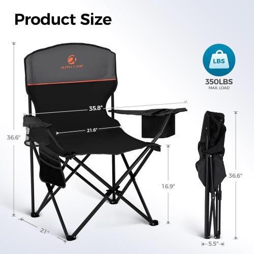 ALPHA CAMP Camping Chairs 350LBS Capacity, Heavy Duty Folding Chair with 4-Can Cooler Bag, Portable Outdoor Chair with Cup Holder for Adults, Collapsible for Tailgating, Beach, Fishing,Black,2PC