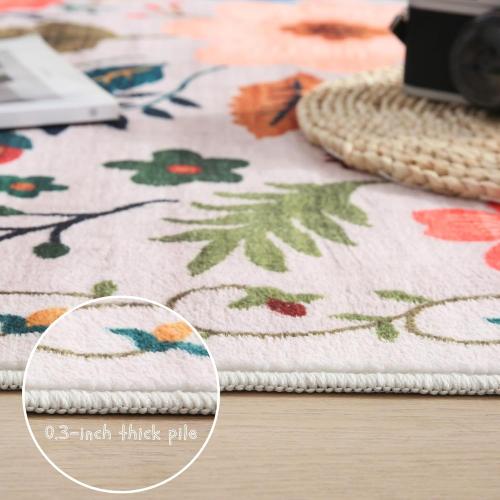 Floral Kitchen Runner Rug, 24 x 72 inches, Low Pile Cotton Blend, Water Resistant, Beige