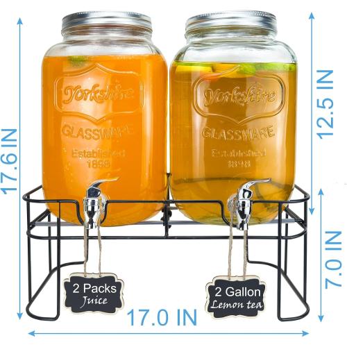 2 Gallon Larger Glass Drink Dispenser for Parties, 2 Packs Juice Lemonade Ice Tea Water Dispenser with Stand, HENABLE Beverage Dispensers with Spigot for BBQ, Picnic, Party