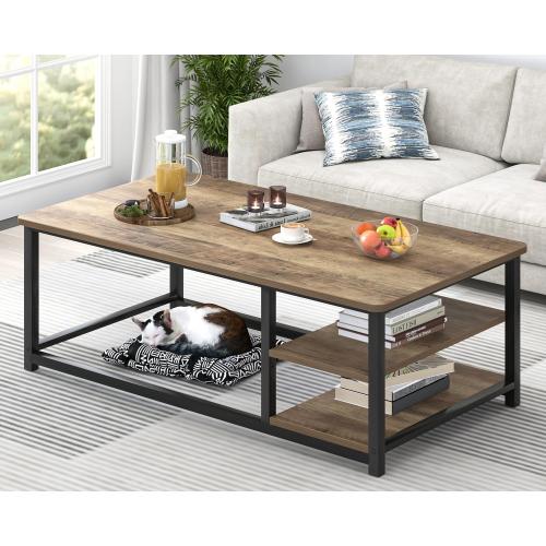 EXCEFUR Coffee Table with Storage Shelf, Modern Wood and Metal Center Table for Living Room, Rustic Oak, 47 Inch