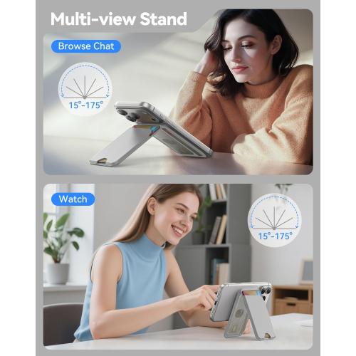 for MagSafe Wallet, 5 Cards Holder with Stand, Magnetic Phone Wallet Stand for iPhone 17/16/15/14/13/12 Pro Max Air Plus Series, RFID Blocking Vegan Leather,Grey