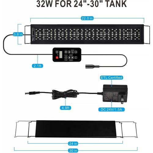 Advanced 7-Row LED Aquarium Light, Easy Setup Controller, Auto On Off Full Spectrum Fish Tank Light, 24/7 Lighting Cycle, 8 Colors, 10 Level Dimming, 32W for 24-30 Freshwater Planted Tank