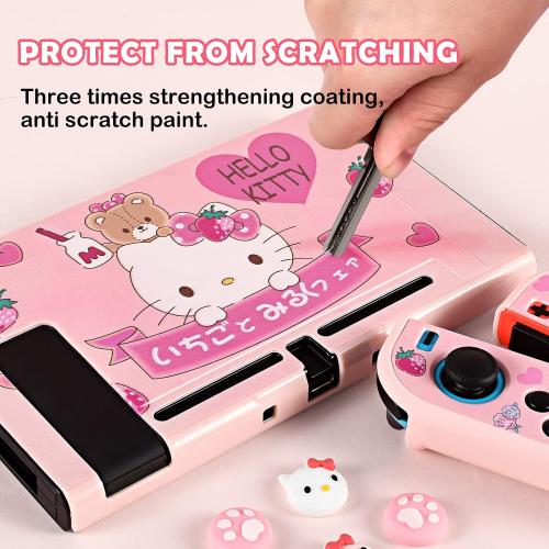 DLseego Lovely Kitty Switch Protective Case Dockable Hard Shell Anti Scratch Cover Pink Joy Con Skin with 3PCS Compatible with Regular Switch