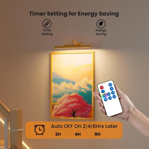 Wireless Picture Light Battery Operated, 1Pack Remote Control Painting Light with Timer, 13Hrs Service Life Art Display Light for Picture Frame Artworking Portrait, Poster, Photo, Mirror -Brass