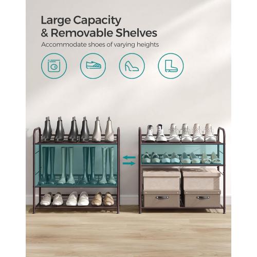 SONGMICS Stackable Shoe Rack, 4 Tier Metal Shoes Rack Storage Shelf, Holds up to 20 Pairs Shoes, Adjustable Slanted Shelves Tower Organizer for Closet Entryway Small Spaces, Bronze