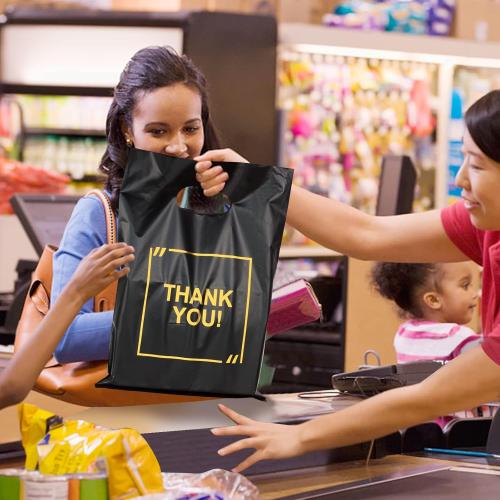 50 Pack Die Cut Plastic Shopping Bags with Thank You Logo 9x12 Merchandise Bags Extra Thick Glossy and Shopping Bags for Retail,Boutique Bags with Handles for Merchandise, Gifts, Trade Shows