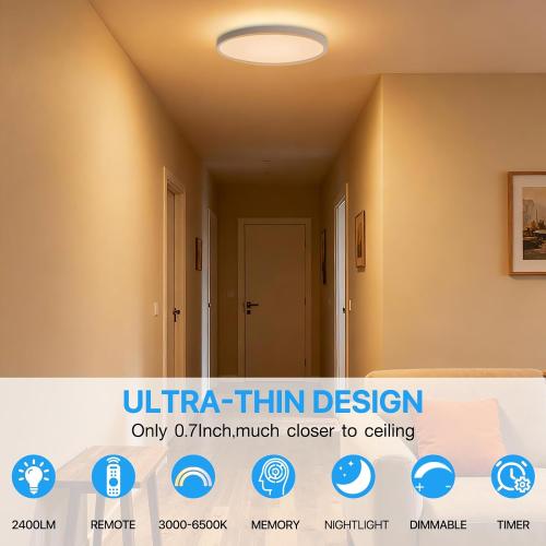 2Pack 12 Inch LED Flush Mount Ceiling Light Fixture with Remote Control, Dimmable 2000K Warm Night Light for Bedroom, 24W 3000K-6500K Color Adjustable Hardwire Lamp for Hallway, Memory Function, White