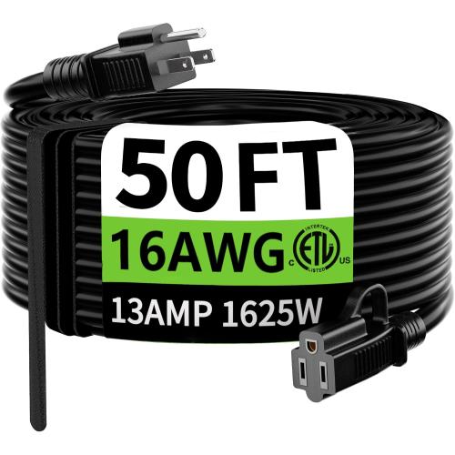 HUANCHAIN Indoor Outdoor Black Extension Cord 50 FT Waterproof 16/3 Gauge | 16 AWG 50 Foot 3 Prong Extension Cord with Hook, Appliance Extension Cord Waterproof with Strap, 13A 1625W SJTW, ETL Listed