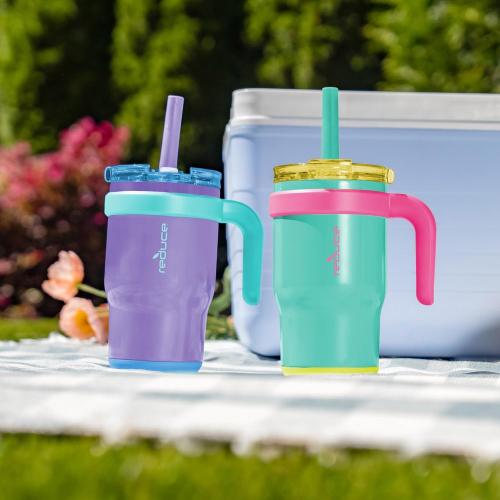 REDUCE 14 oz Coldee Tumbler with Handle for Kids - 2 Pack, Leakproof Insulated Stainless Steel Mug with Lid & Spill-Proof Straw, Keeps Drinks Cold up to 18 Hrs, Purple and Teal