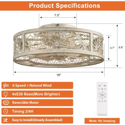 SHLUCE 18 Caged Ceiling Fan with Light, Small Flush Mount Fandelier Ceiling Fans with Lights and Remote, Rustic Low Profile Bladeless Ceiling Fan with Light for Bedroom, Kitchen, White Gold - ETL