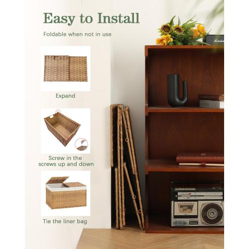 Storage Basket with Lid Rattan Woven Storage Baskets with 1 Separate Lids, 17.2 Gallon (65 L), 22 x 13 x 13.8 Inches,Foldable, 1 Removable Liner Bags Handles for Bedroom, Laundry Room Natural