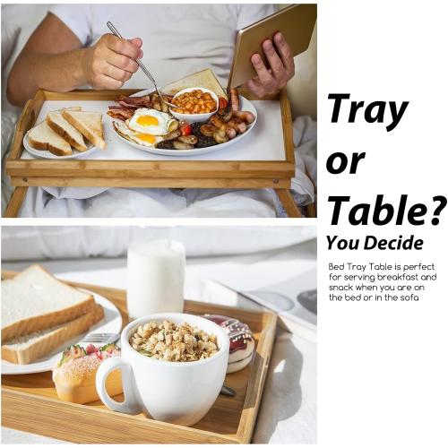 MorTime Bed Tray Table with Folding Legs, Bamboo Breakfast Tray with Handles for Bed, Sofa, Eating, Working, Foldable Laptop Desk Food Snack Tray Serving Tray