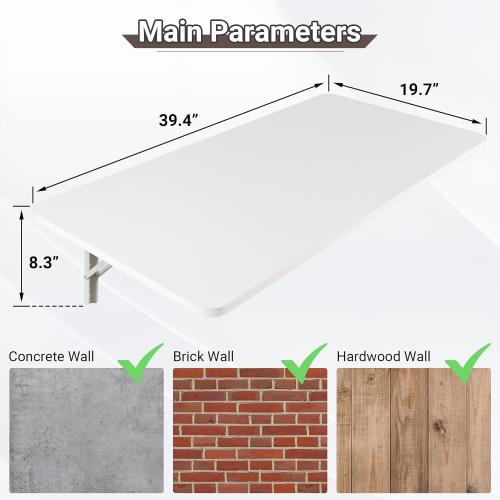 White Wall Mounted Folding Table 39.4”L x 19.7”W, Laundry Folding Table with Heavy Duty Metal Collapsible Shelf Brackets, Wall Mounted Desk Fold Down for Small Spaces, White