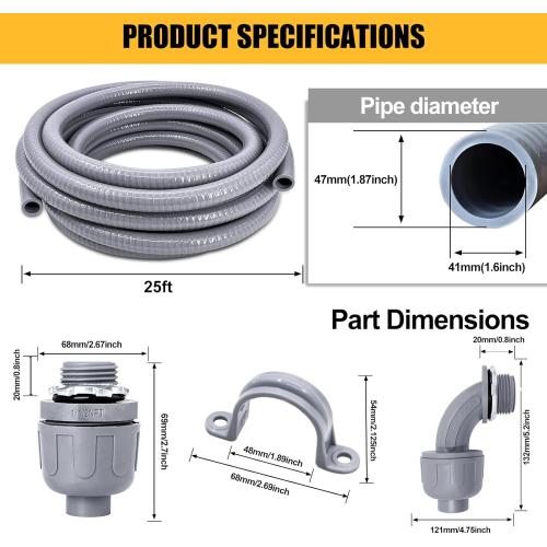 1-1/2 inch 25 Foot Liquid-Tight Conduit Kit, Flexible Non Metallic Electrical Conduit and Connector Kit, With Straight and Angle Fittings