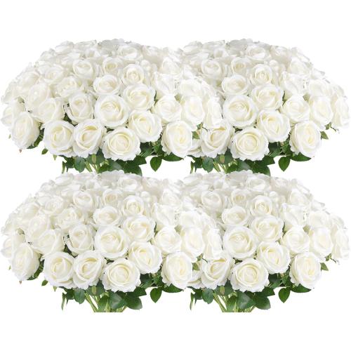 Hananona Artificial Roses in Bulk, Fake Silk White Roses Realistic Roses for Wedding Centerpieces Flower Arrangement Home Decor (100, White)
