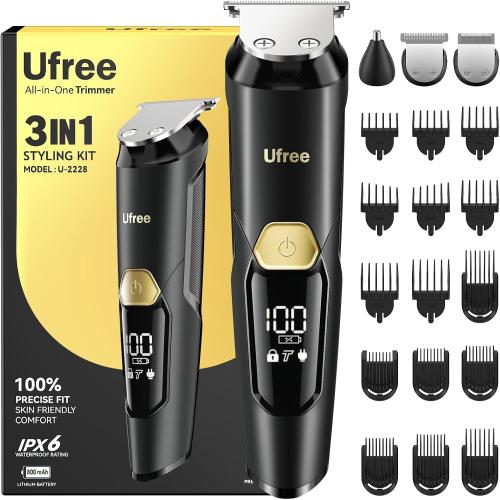 Ufree 3-in-1 Beard Trimmer for Men, Valentine Gifts for Men, IPX6 Waterproof Men's Electric Razor Shaver for Mustache, Professional Hair Trimmer Clippers, Type-C Body Grooming Kit