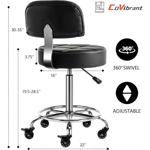 Lockable Stool with Back and Foot Rest Ergonomic Rolling Hydraulic Adjustable Stool for Doctor Esthetician Artist Home Small Office Desk (Black, 19.5''-24.5'')