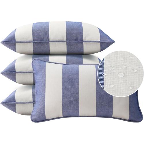 Decorative Outdoor Water Repellent Throw Pillows with Inserts, Set of 4, 20 x12 Pillows for Patio, Backyard, Bed, Couch, and Patio Furniture, Navy Stripe