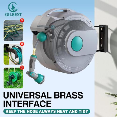 1/2 x 100 ft Retractable Garden Hose Reel, Any Length Lock & 180°Swivel | All-weather Garden Hose Reel Wall Mount for Outside, Retractable Hose with 10-Pattern Nozzle for Cleaning, Watering