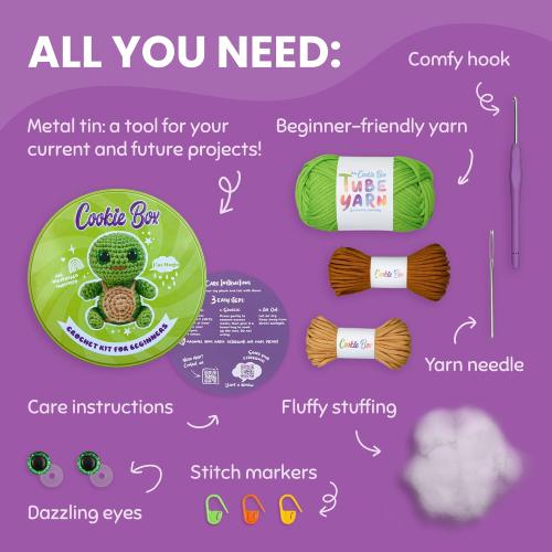 Cookie Box Original Crochet Kit for Beginners – Gift Set to Make Turtle Hugo Amigurumi Plushie – Easy DIY Crochet & Knitting Starter Kit with Video and PDF Tutorials