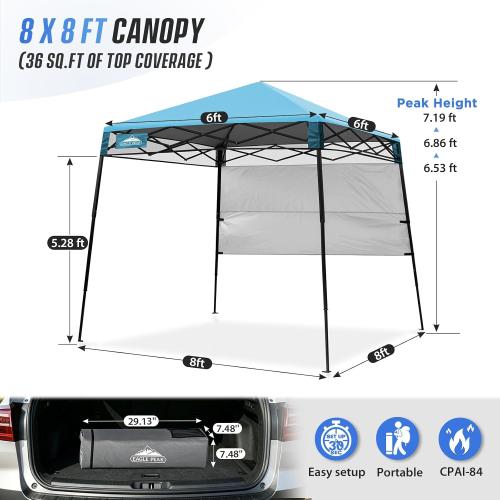 EAGLE PEAK 8x8 Pop Up Canopy Tent with Sidewall, Compact, Portable Slant Leg Instant Sun Shelter for Beach, Sports, & Camping, 8x8 Base 6x6 Top, Light Blue