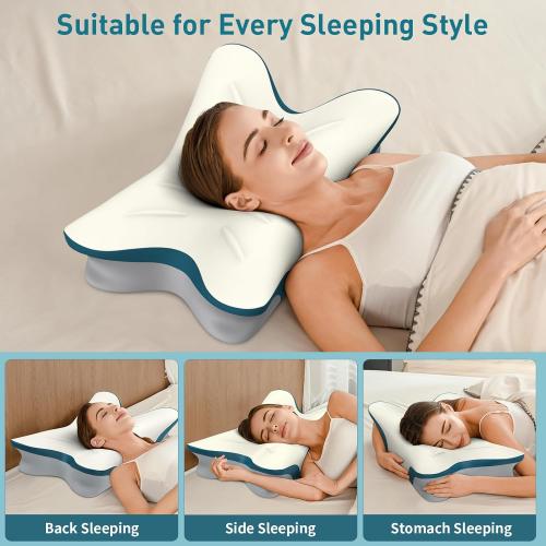 White, Blue, and Grey 26x17.5 Cervical Pillow for Neck Pain Relief - Ergonomic Neck Pillow for Sleeping Contour Memory Foam Pillows with Cooling Pillowcase, Orthopedic Bed Pillow for Side Back Stomach Sleepers