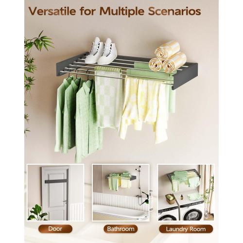 Vikaqi Wall Mounted Clothes Drying Rack 40, Foldable Wall Mount Laundry Rack Folding Indoor, Drying Rack Clothing Collapsible, Hidden Space Saver with Wall Template, 6 Rods, Black